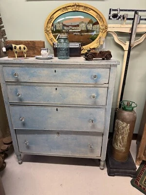 Antique 1800s Chippy Blue Paint Dresser Chest Of Drawers Cottage Core glass Pull - Изображение 1 из 4