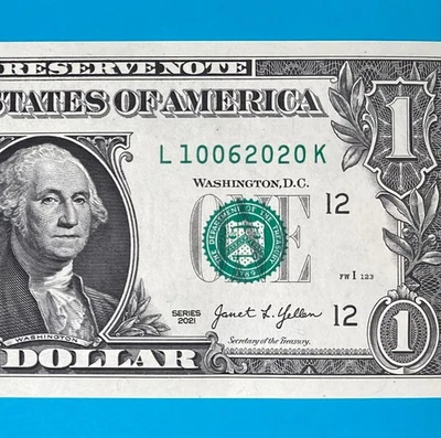October 6, 2020 / 10 June 2020 (L 10062020 K) BIRTHDAY $1 One Dollar Bill *UNC* - Image 1 of 4