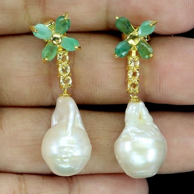 Pendientes de plata de ley 925 pera esmeralda 5x3 mm perlas citrinas piedras preciosas joyería Foto 1 de 4