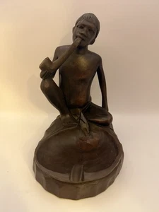 Vintage Hand Carved Wooden Ashtray Man Smoking Pipe Philippines Folk - Picture 1 of 7