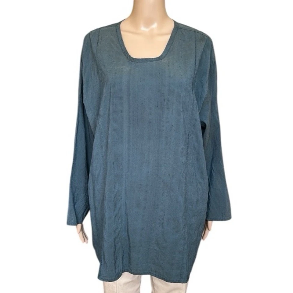 Camisa blusa top de seda texturizada azul gris azulado lino para mujer talla 1X Foto 1 de 4
