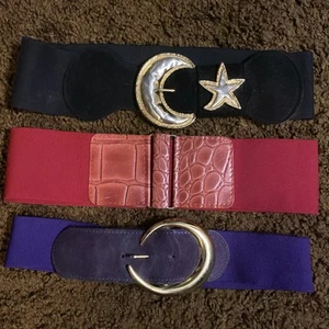 Lot of 3 Vtg 80's 90's Womens Stretch Belts Wide Retro Glam Moon Star Prestige - Picture 1 of 18