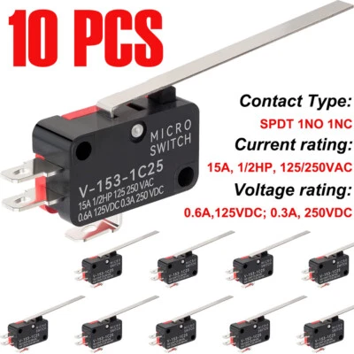 10PCS Micro Limit Switch Mini Tact Switch Long Hinge Lever 15A 1/2HP 125/250V AC - Image 1 of 4