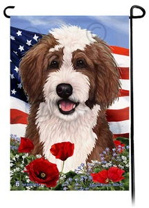 Patriotic Flowers Garden Flag - Chocolate and White Bernedoodle - Picture 1 of 1