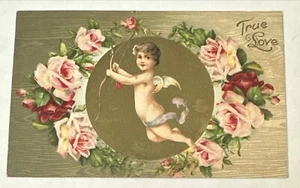 Tarjeta Postal de San Valentín Querubín Cupido Arco y Flecha con Flores Winsch Back - Imagen 1 de 2