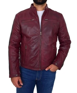 Mens Biker Leather Jacket Slim Fit Real Soft Nappa Burgundy Trendy Fashion Coat - Picture 1 of 8