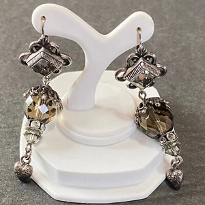 Vintage Kirks Folly Crystal Hematite Earrings Heart Dangle Lever Back - Picture 1 of 5