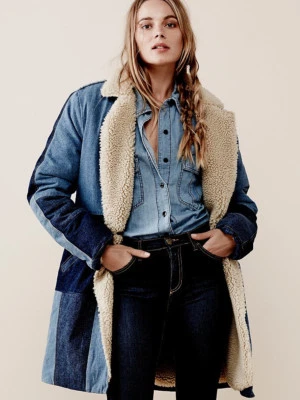 NEW FREE PEOPLE SHERPA BONDED DENIM PATCH COAT JACKET SZ XS EXTRA SMALL - Image 1 of 4