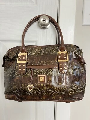 Sharif Studio Ladies Leather Animal Print Gold Hardware Brown Shoulder Handbag - Image 1 of 4