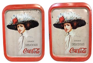 LOT 2 Vintage 1971 Repro COCA-COLA Hamilton King 1909 Girl Hat Red Rose Tin Tray - Picture 1 of 11
