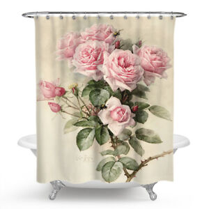 Floral Shower Curtain Bathroom Rug Set Thick Bath Mat Non-Slip Toilet Lid Cover