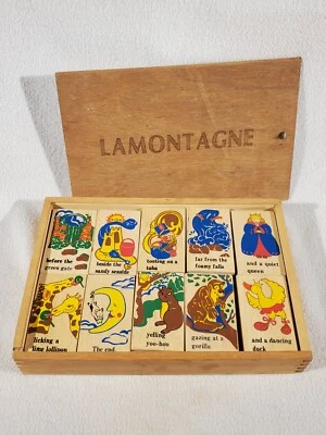 Vtg Kids Wooden Blocks ~ Colorful with Alliteration Phrases in Lamontage Box - Image 1 of 4