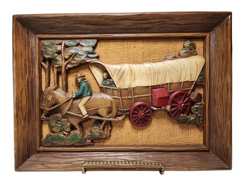 Vintage Syroco Wood Framed Picture Western Conestoga Wagon Horses 3D Cover