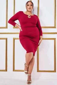 Goddiva Burgungy Scuba Midi Keyhole Diamante Front Midi Dress Size UK 26 - Picture 1 of 4