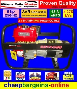 4.3kVa GENERATOR 8hp PETROL ENGINE 3.5kW GENERATOR 2 x 15 AMP IP44 POWER OUTLETS - Picture 1 of 12
