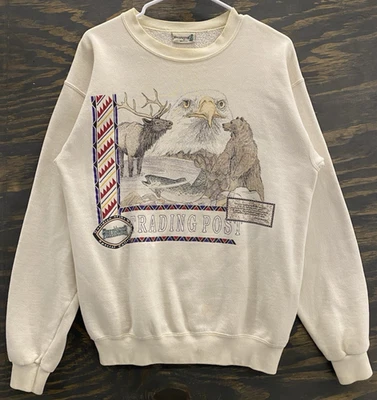 Moletom vintage anos 90 Field Master Trading Post EUA águia urso alce cena natural - Imagem 1 de 4