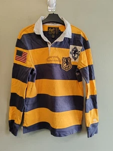 Rugby Ralph Lauren Striped Long Sleeve Polo Size Medium Vintage Slim Fit Patches - Picture 1 of 16