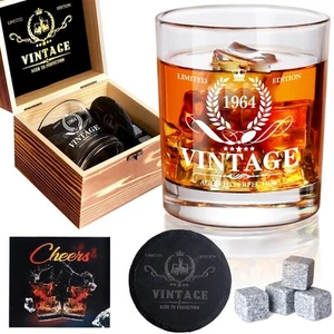 Mens Birthday Gift, Vintage 1964 Whiskey Glass Set Wood Box, Stones & Coaster - Picture 1 of 5