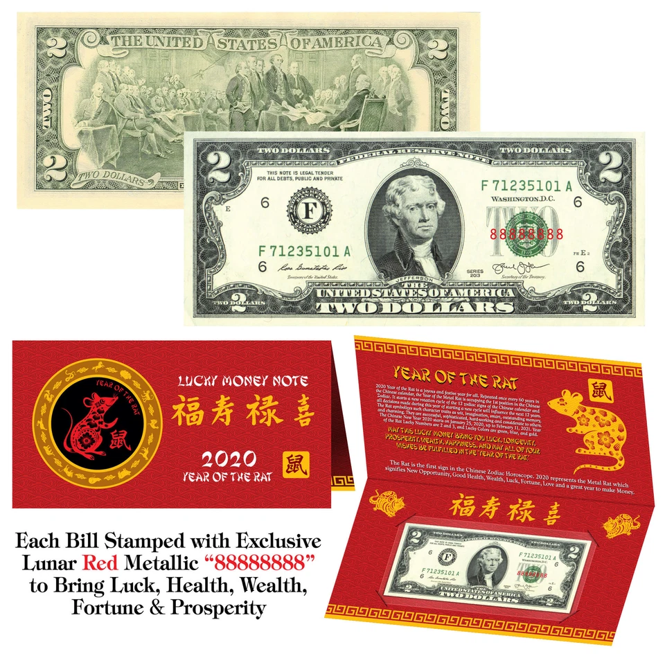 2020 Chinese New YEAR of the RAT Lunar Red Lucky Eight 8's $2 US Bill w/Foldover - Image 1 of 1