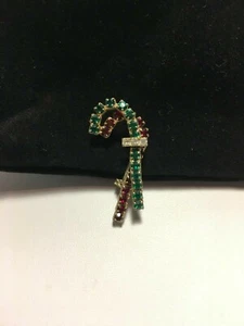 Christmas Dbl Candy Cane Rhinestone Pin 3-D Brooch Prong Set Green Red Vtg 90's - Picture 1 of 6