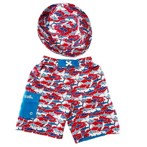 UV Skinz Swim Shorts Boys 6 Blue Red Swim Trunks Boardshorts Beach Hat - Picture 1 of 10