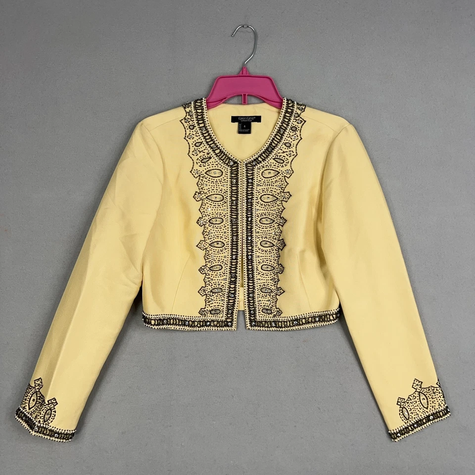 Chaqueta Karen Kane Mujer 4 Amarillo Seda Cuentas Adornada Recortada Formal Blazer Foto 1 de 4