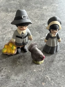 Fall Figurines Turkey Pilgrim Girl & Boy Ceramic Vtg Thanksgiving Decor Set of 3 - Picture 1 of 7