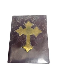 Vtg Stone Trinket Prayer/Incense Box Brass Cross On Cover & Matching Necklace - Picture 1 of 16