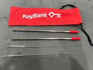 NEW UNUSED - Key Bank Promo 2 Metal Straws With Cleaner Brush - Cinch Carry Bag - Picture 1 of 3