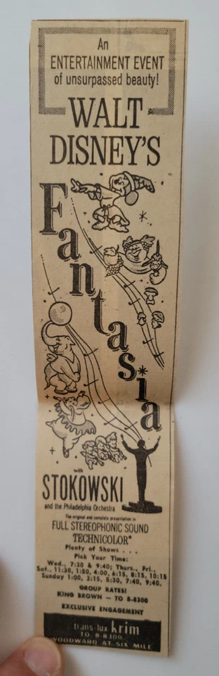 Anuncio de película Disney "Fantasía" Philadelphia Orchestra Detroit Free Press 1963 ~2x8" Foto 1 de 3