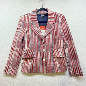 CAbi Jacket Womens Small Red White Patchwork Blazer 6028 Nautical Peplum Striped - Picture 1 of 16