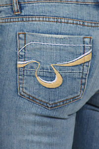 New Blue Denim Embroidered Pocket Wide Leg Bell Bottom Jeans