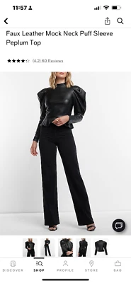 Blusa Express de cuero sintético negra cuello falso manga abullonada peplum XS para mujer Foto 1 de 4