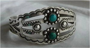 Native American Sterling Turquoise Stampwork 6.75" Bracelet. Vintage chic. - Picture 1 of 7