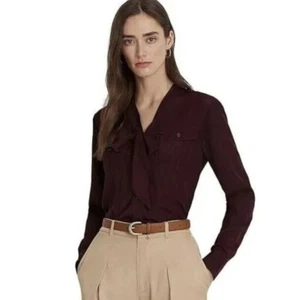 Lauren Ralph Lauren Womens Crepe Tie-Neck Button Shirt Vintage Burgundy XXL NWT - Picture 1 of 8
