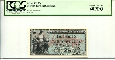 Series 481 - 25 Cents Military Payment Certificate 68 PPQ GEM NEW - Image 1 of 2