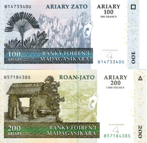 LOTE DE  2 BILLETES DE MADAGASCAR DE 100 Y 200 ARIARY SC EXCELENTES - Imagen 1 de 3