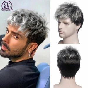 Men Short Straight Wig Ombre Grey Brown Synthetic Wig White for Male Hair - Picture 1 of 16
