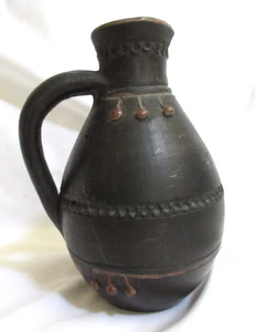 Handmade Black Glazed Pottery Jug 1966 Georgian Soviet Era Applied Red Stone EUC - Picture 1 of 6