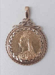 Vintage / Antique 22ct Gold 1889 Victoria Full Sovereign 9CT Mount Pendant 12g - Picture 1 of 12