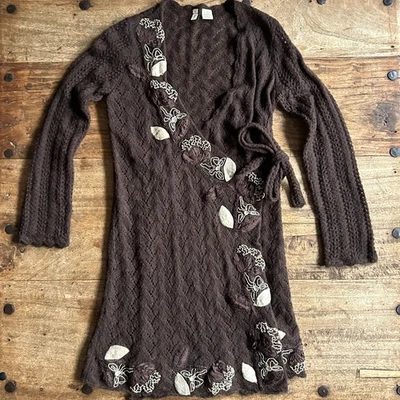 Vestido Anthropologie Polilla Marrón Floral Bordado Pointelle Crochet Envolvente Mujer Pequeño Foto 1 de 4