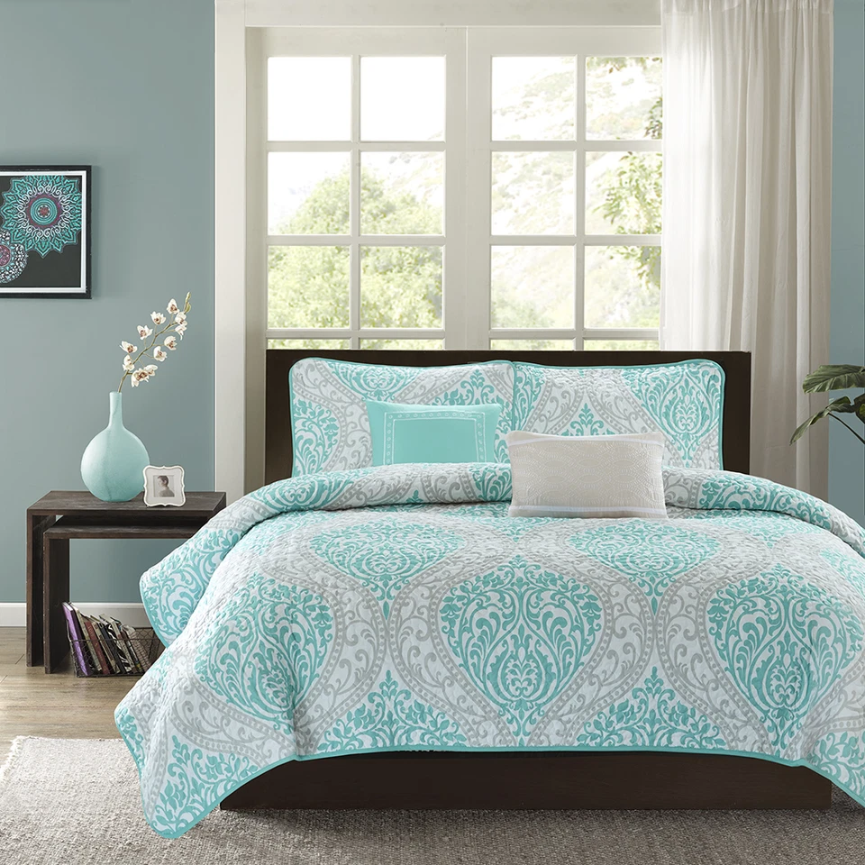 QUALITY NEW! ~ CHIC BLUE TEAL AQUA WHITE GREY BEACH OCEAN TEXTURED QUILT SET & PILLOWS
