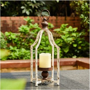 Small White Farmhouse Lantern Decorative Metal Candle Lantern with Handle - Picture 1 of 9