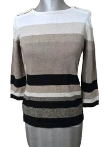 Karen Scott Cotton Knit Striped Top, Zipper Shoulder Accent, 3/4 Sleeve, XS - Picture 1 of 6
