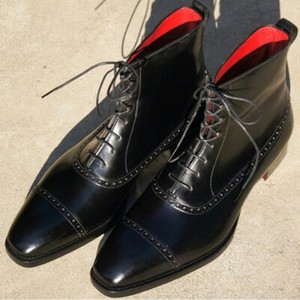 Handmade Men Black Cap Toe Lace Up Ankle High Boots, Men Black Ankle Boots