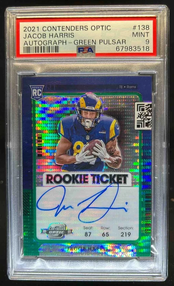 2021 Contenders Optic Jacob Harris RC Green Pulsar Rookie Ticket Auto /30 PSA 9 - Image 1 of 2