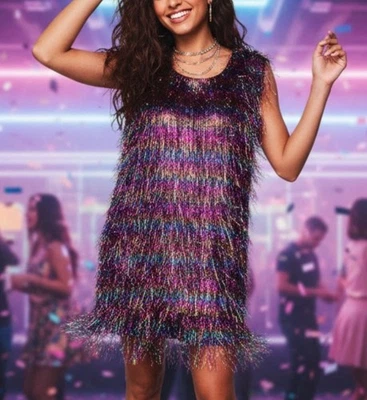 Mini Vestido Y2K Iridiscente Oropel Flecos Brillo Cósmico Fiesta Festival S/M Foto 1 de 4