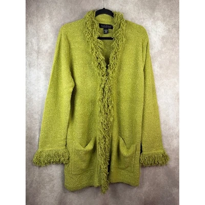 Cárdigan suéter verde con flecos texturizados tejido boucle talla L Y2K DIALOGUE para mujer Foto 1 de 4