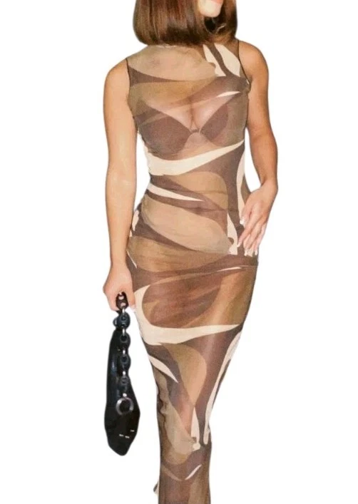 Vestido de encubrimiento ceñido al cuerpo transparente de malla geométrica marrón talla S de colección mate para mujer Foto 1 de 4