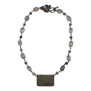 Kleiner Bär Design Perlen Quarz geätzt Schmetterling Floral silberfarbene Halskette 18" - Bild 1 von 5